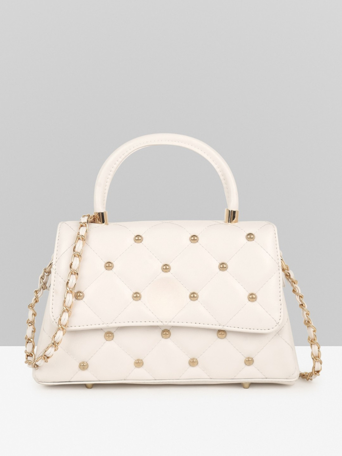 Stylish Quilted Studded Top Handle Off White Sling Bag for Women