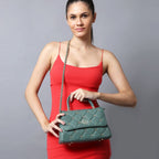 QUILTED STUDDED GREEN LUXE TOP HANDLE HANDBAG