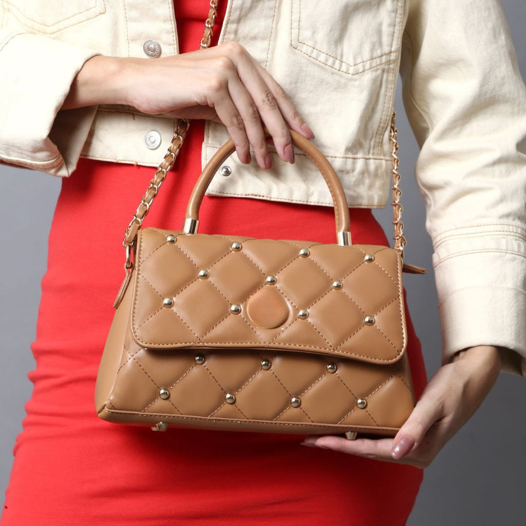 QUILTED STUDDED CAMEL LUXE TOP HANDLE HANDBAG