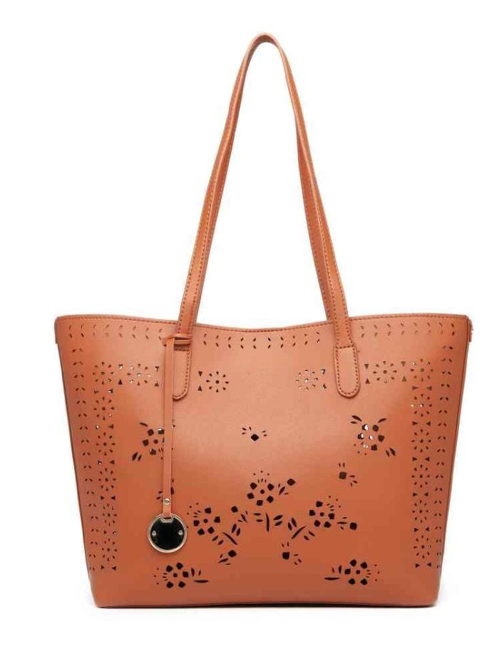 Tan Floral Cutwork Tote Bag