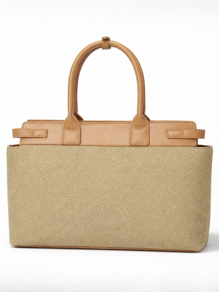 Premium Jute & PU Leather Structured Tote Olive Green Bag for Women