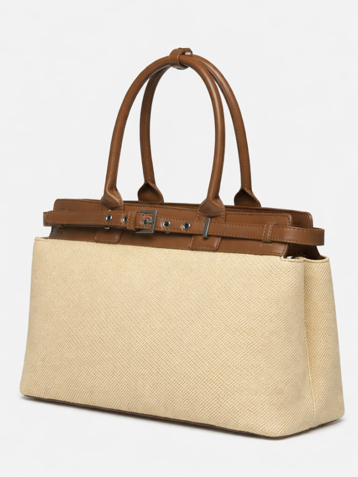 Premium Jute & PU Leather Structured Tote Beige Bag for Women