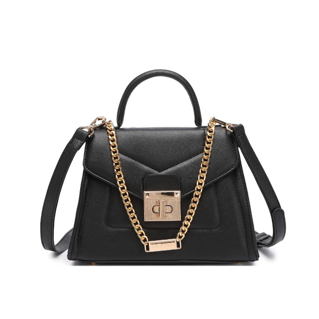 ELEGANT LOCK CHAIN STRUCTURED BLACK HANDBAG