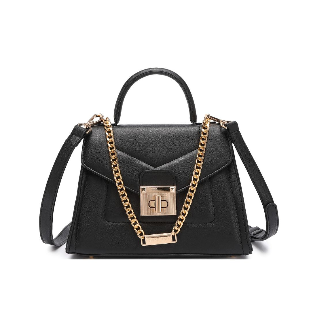 ELEGANT LOCK CHAIN STRUCTURED BLACK HANDBAG