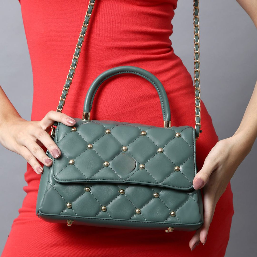 QUILTED STUDDED GREEN LUXE TOP HANDLE HANDBAG