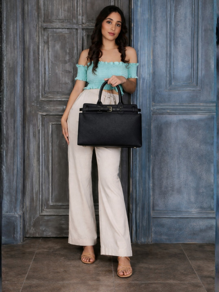 Premium Jute & PU Leather Structured Tote Black Bag for Women
