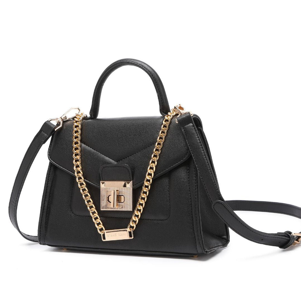 ELEGANT LOCK CHAIN STRUCTURED BLACK HANDBAG