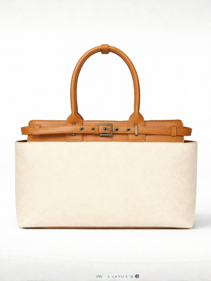 Premium Jute & PU Leather Structured Tote Off White Bag for Women