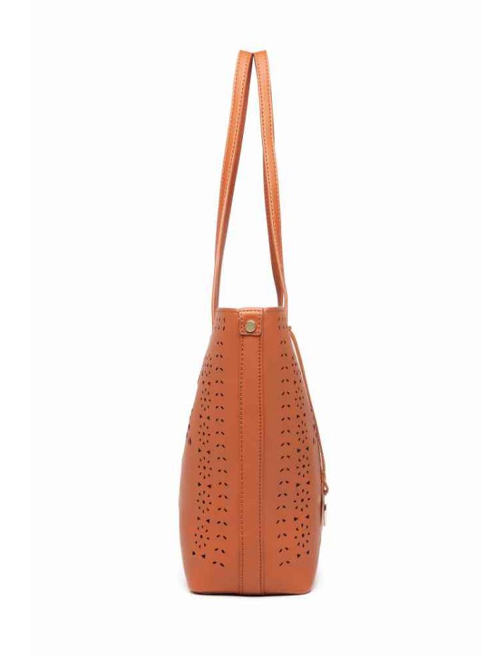 Tan Floral Cutwork Tote Bag
