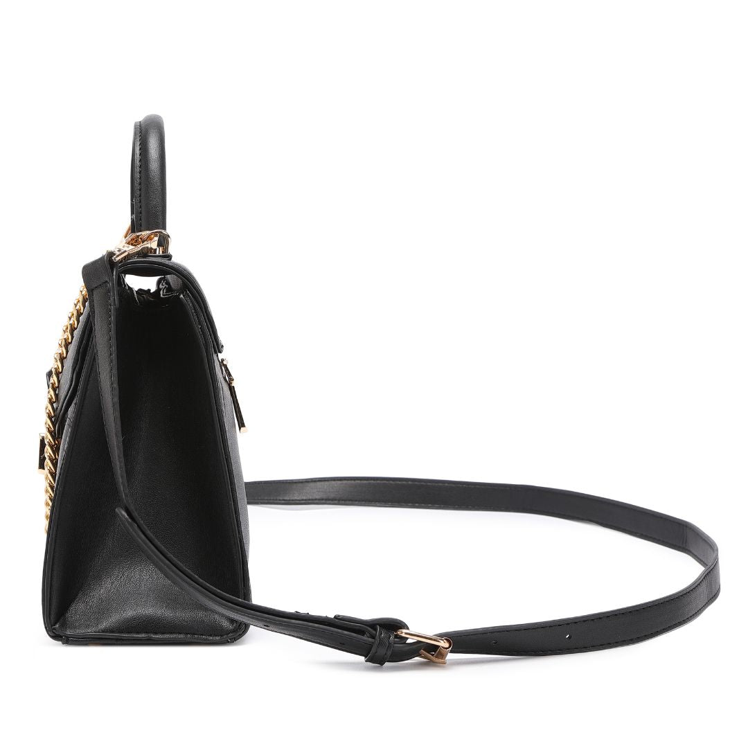 ELEGANT LOCK CHAIN STRUCTURED BLACK HANDBAG