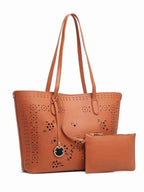 Tan Floral Cutwork Tote Bag