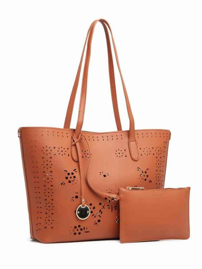 Tan Floral Cutwork Tote Bag