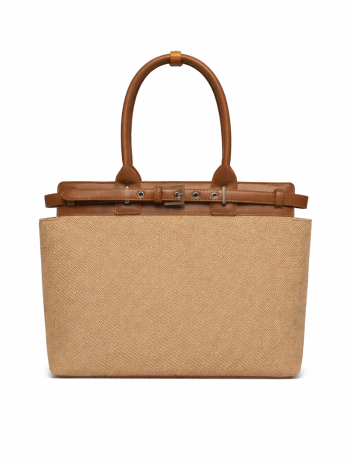 Premium Jute & PU Leather Structured Tote Brown Bag for Women