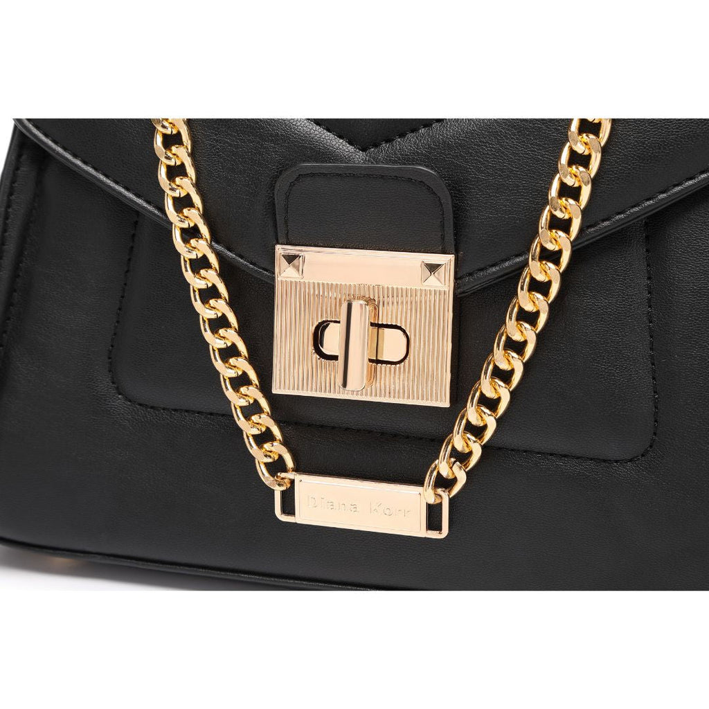 ELEGANT LOCK CHAIN STRUCTURED BLACK HANDBAG
