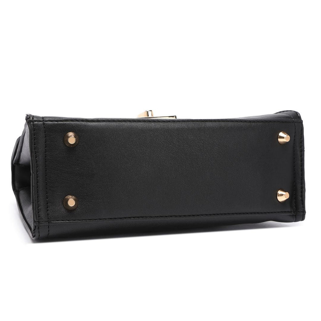 ELEGANT LOCK CHAIN STRUCTURED BLACK HANDBAG
