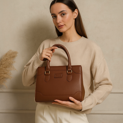 Elegant Structured Black Leather Handbag with Golden Accents | Luxury Women's Tote