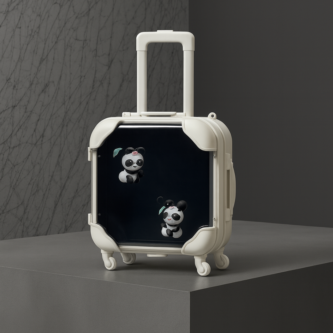 White suitcase with panda design on a dark background