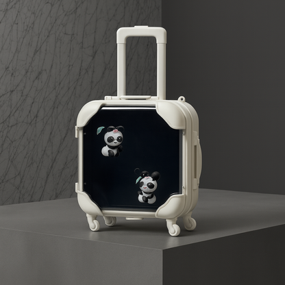 White suitcase with panda design on a dark background